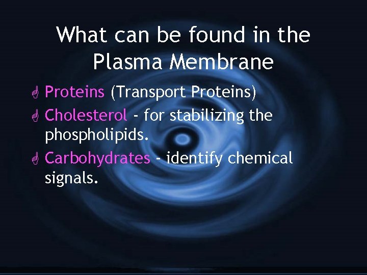 What can be found in the Plasma Membrane G Proteins (Transport Proteins) G Cholesterol