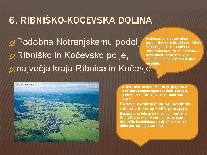 6. RIBNIŠKO-KOČEVSKA DOLINA Podobna • Ribnica, ki je pomembno industrijsko središče(Inles, Riko). • Včasih