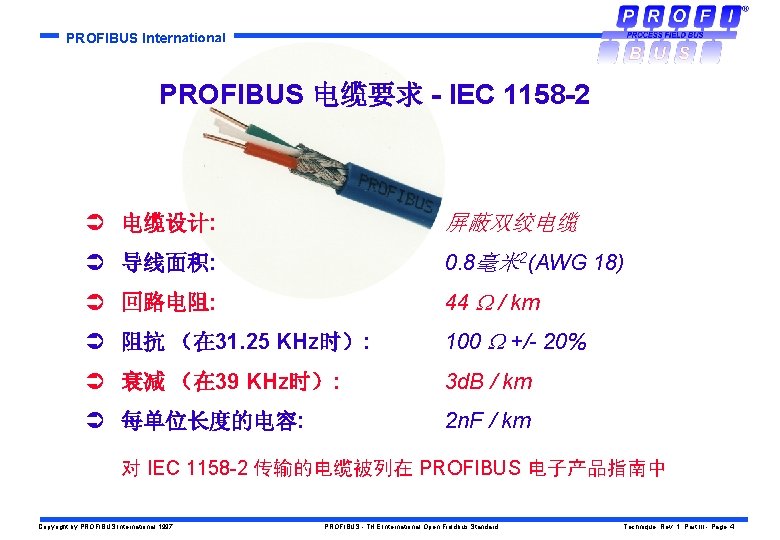 PROFIBUS International PROFIBUS 电缆要求 - IEC 1158 -2 Ü 电缆设计: 屏蔽双绞电缆 Ü 导线面积: 0.