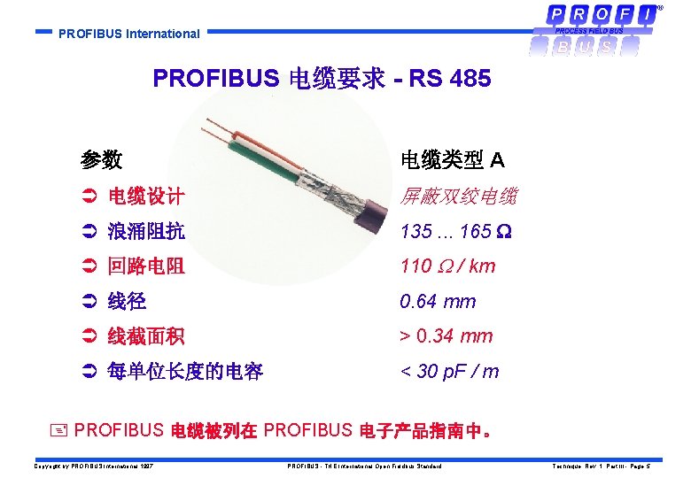 PROFIBUS International PROFIBUS 电缆要求 - RS 485 参数 电缆类型 A Ü 电缆设计 屏蔽双绞电缆 Ü