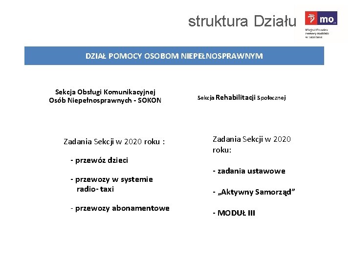 struktura Działu DZIAŁ POMOCY OSOBOM NIEPEŁNOSPRAWNYM Sekcja Obsługi Komunikacyjnej Osób Niepełnosprawnych - SOKON Zadania