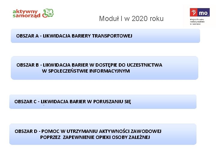 Moduł I w 2020 roku OBSZAR A - LIKWIDACJA BARIERY TRANSPORTOWEJ OBSZAR B -