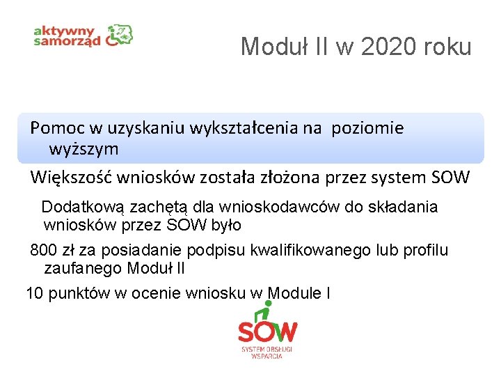 Moduł II w 2020 roku Pomoc w uzyskaniu wykształcenia na poziomie wyższym Większość wniosków