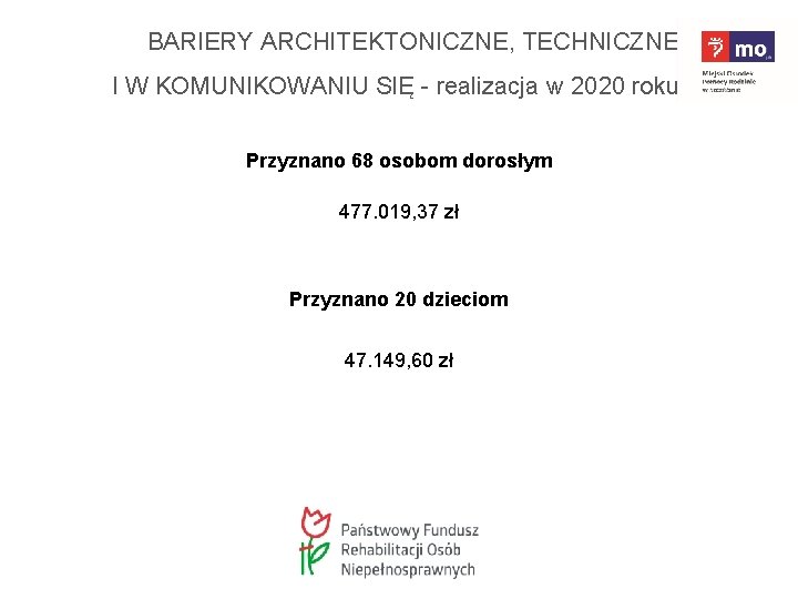 BARIERY ARCHITEKTONICZNE, TECHNICZNE I W KOMUNIKOWANIU SIĘ - realizacja w 2020 roku Przyznano 68