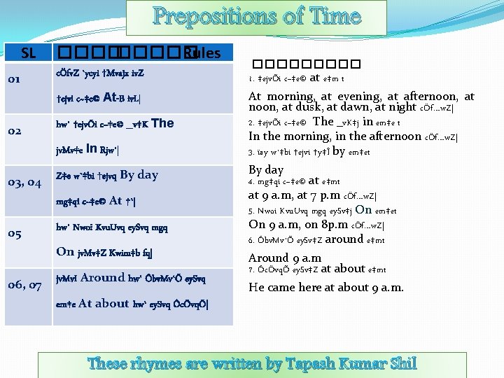 Prepositions of Time SL 01 ����� Rules cÖfv. Z `ycyi †Mvajx iv. Z †ejvi