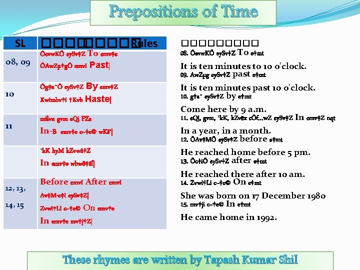 Prepositions of Time SL ����� Rules 08, 09 Ôevw. KÕ ey. Sv‡Z To emv‡e