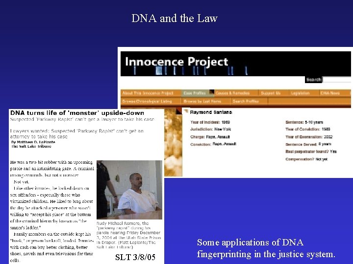 DNA and the Law SLT 3/8/05 Some applications of DNA fingerprinting in the justice