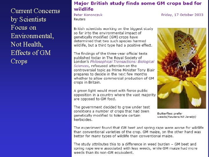 Current Concerns by Scientists Focus on Environmental, Not Health, Effects of GM Crops 