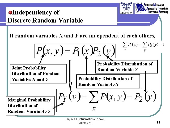 Independency of Discrete Random Variable If random variables X and Y are independent of