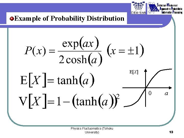 Example of Probability Distribution E[X] 0 Physics Fluctuomatics (Tohoku University) a 13 