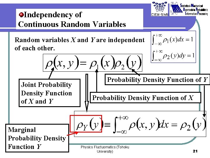 Independency of Continuous Random Variables Random variables X and Y are independent of each