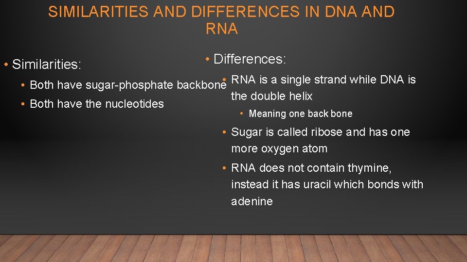 SIMILARITIES AND DIFFERENCES IN DNA AND RNA • Similarities: • Differences: • Both have