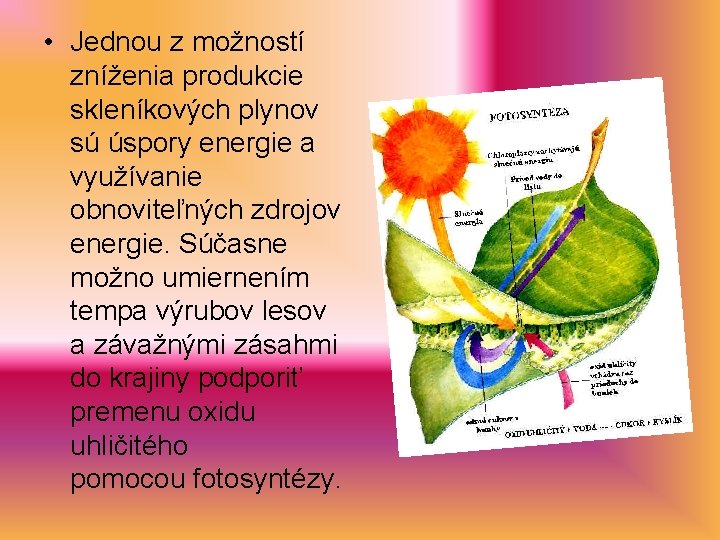 • Jednou z možností zníženia produkcie skleníkových plynov sú úspory energie a využívanie