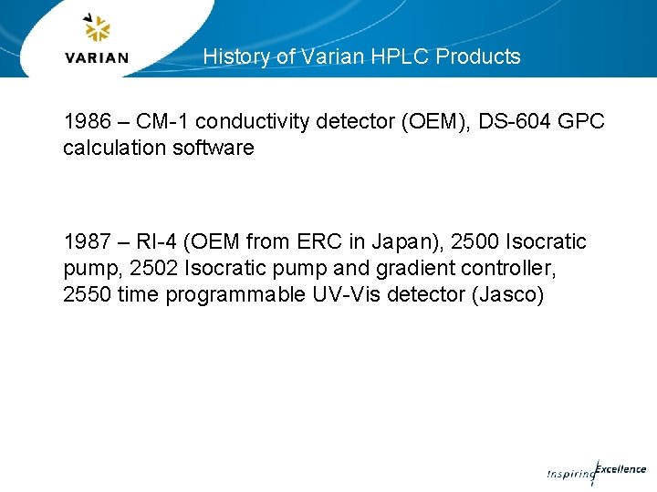 History of Varian HPLC Products 1986 – CM-1 conductivity detector (OEM), DS-604 GPC calculation