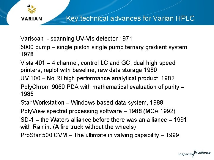 Key technical advances for Varian HPLC Variscan - scanning UV-Vis detector 1971 5000 pump