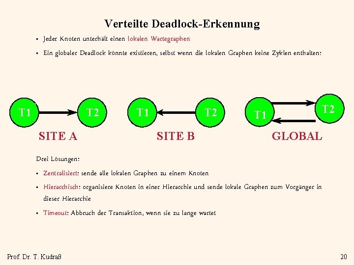 Verteilte Deadlock-Erkennung • • Jeder Knoten unterhält einen lokalen Wartegraphen Ein globaler Deadlock könnte