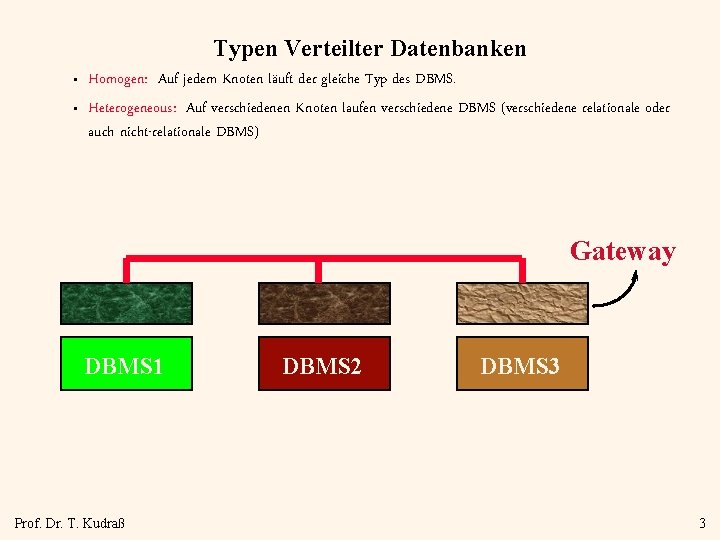 Typen Verteilter Datenbanken • • Homogen: Auf jedem Knoten läuft der gleiche Typ des