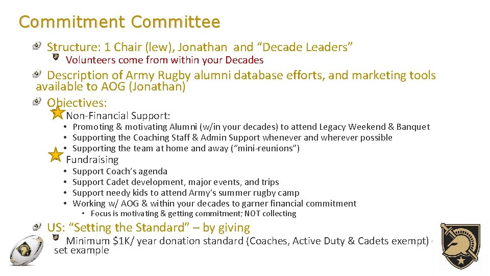 Commitment Committee Structure: 1 Chair (lew), Jonathan and “Decade Leaders” Volunteers come from within