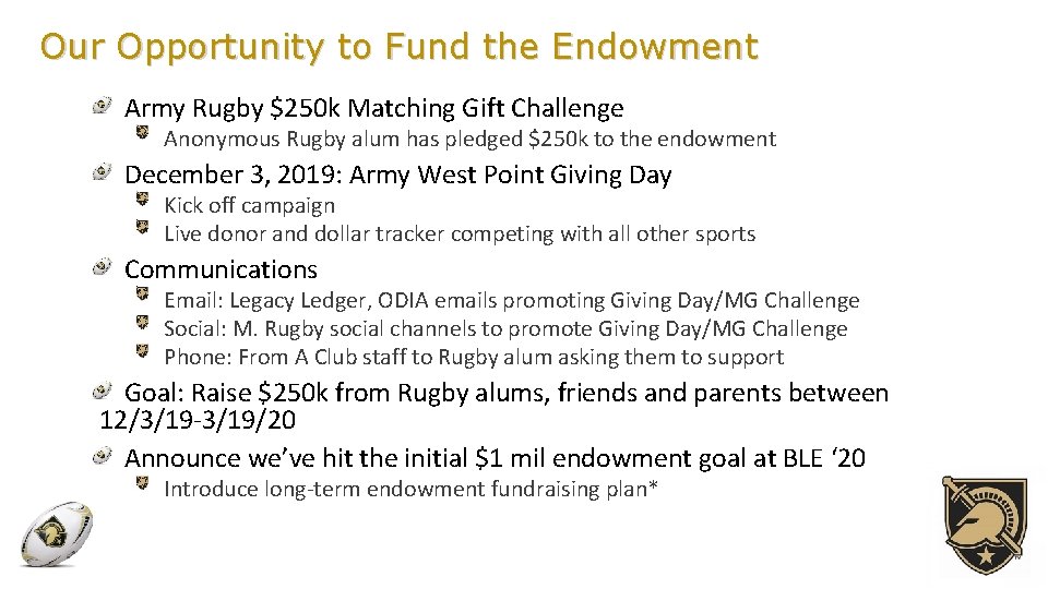 Our Opportunity to Fund the Endowment Army Rugby $250 k Matching Gift Challenge Anonymous