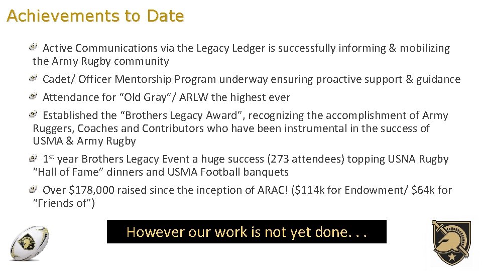 Achievements to Date Active Communications via the Legacy Ledger is successfully informing & mobilizing