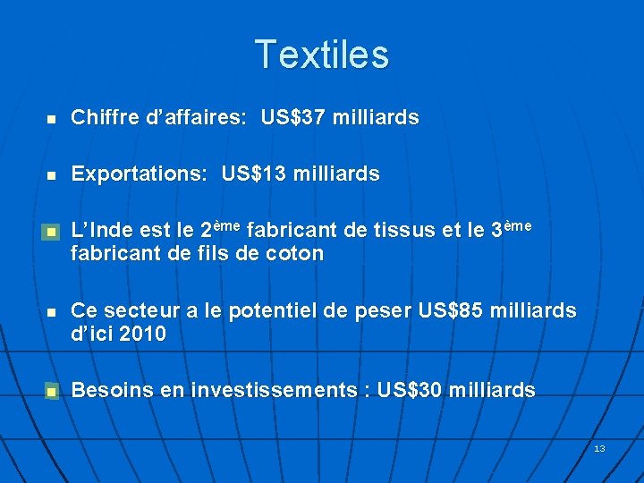 Textiles n Chiffre d’affaires: US$37 milliards n Exportations: US$13 milliards n n n L’Inde