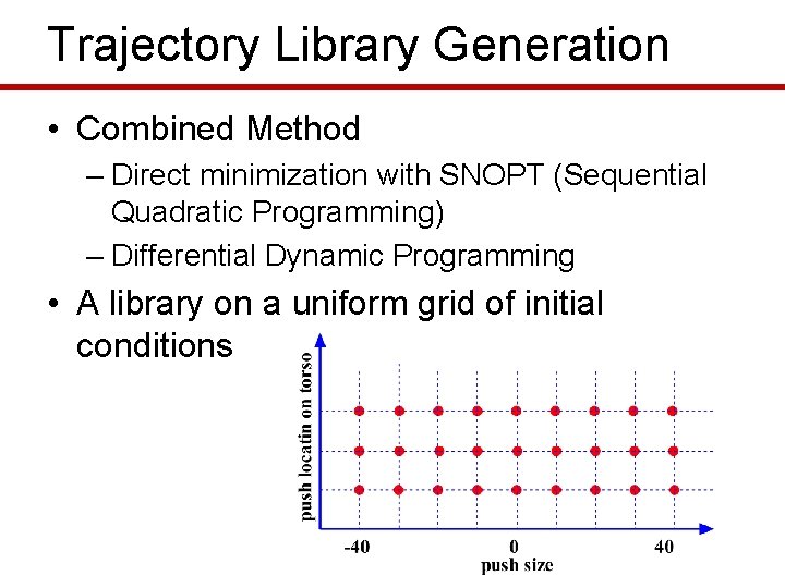 Trajectory Library Generation • Combined Method – Direct minimization with SNOPT (Sequential Quadratic Programming)