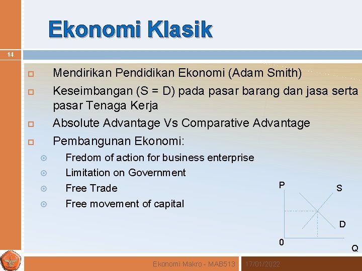 Ekonomi Klasik 14 Mendirikan Pendidikan Ekonomi (Adam Smith) Keseimbangan (S = D) pada pasar