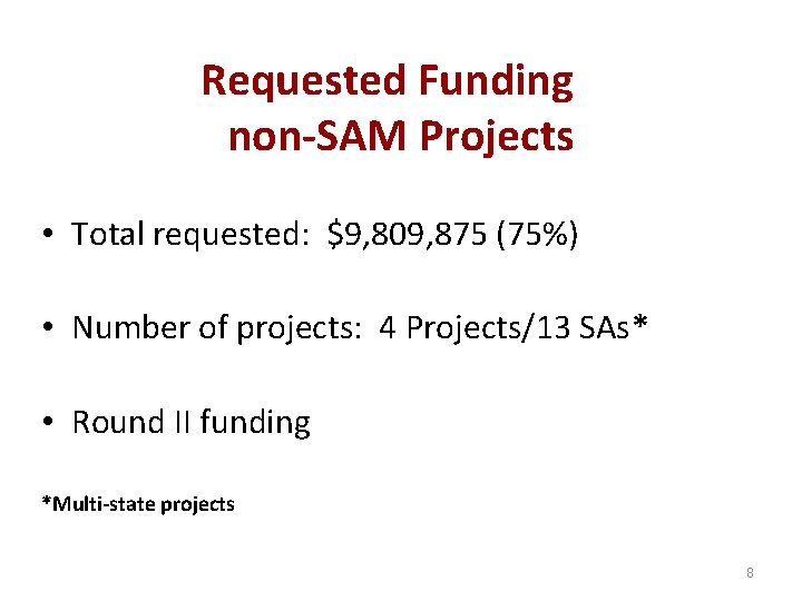 Requested Funding non-SAM Projects • Total requested: $9, 809, 875 (75%) • Number of