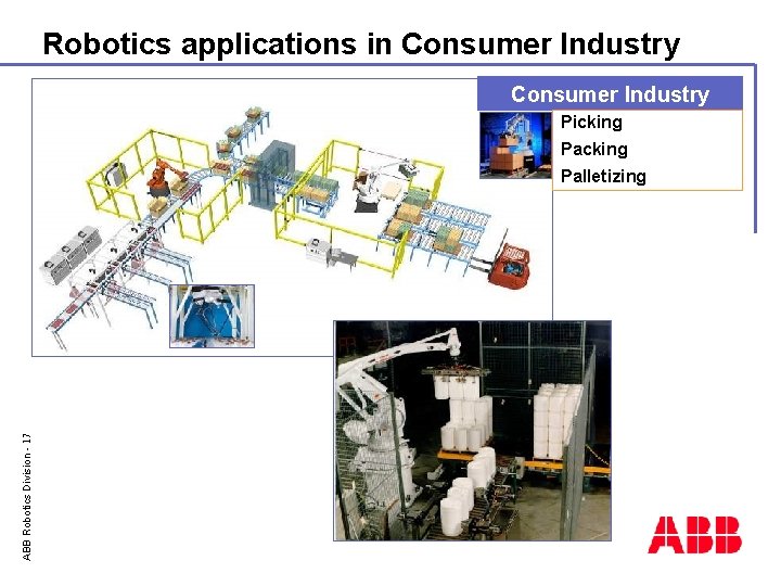 Robotics applications in Consumer Industry Picking Packing ABB Robotics Division - 17 Palletizing 