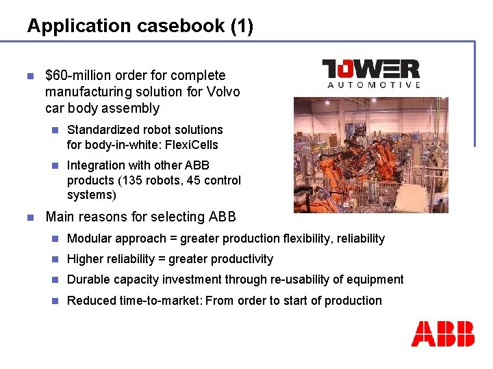 Application casebook (1) n ABB Robotics Division - 19 n $60 -million order for