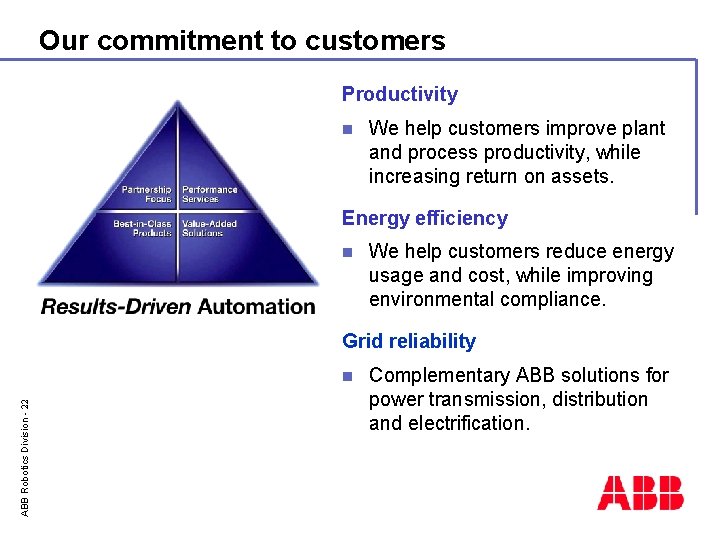 Our commitment to customers Productivity n We help customers improve plant and process productivity,