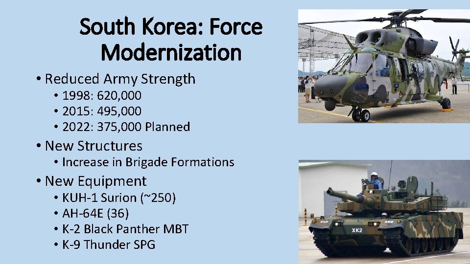 South Korea: Force Modernization • Reduced Army Strength • 1998: 620, 000 • 2015: