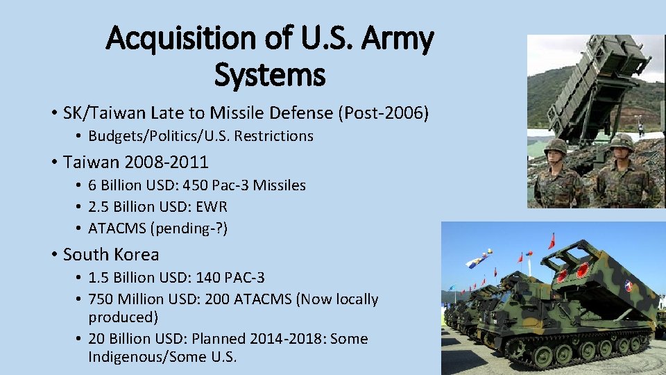 Acquisition of U. S. Army Systems • SK/Taiwan Late to Missile Defense (Post-2006) •