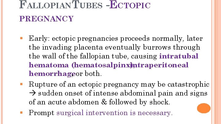 FALLOPIAN TUBES -ECTOPIC 4 PREGNANCY § Early: ectopic pregnancies proceeds normally, later the invading