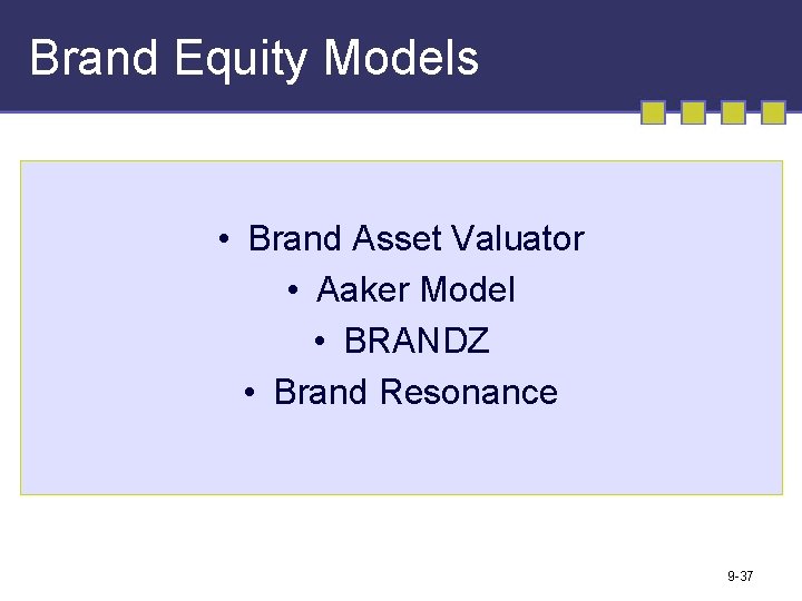 Brand Equity Models • Brand Asset Valuator • Aaker Model • BRANDZ • Brand