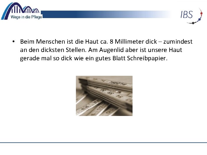  • Beim Menschen ist die Haut ca. 8 Millimeter dick – zumindest an