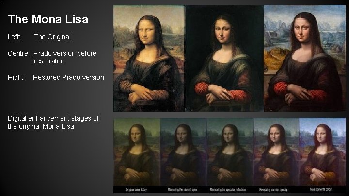 The Mona Lisa Left: The Original Centre: Prado version before restoration Right: Restored Prado
