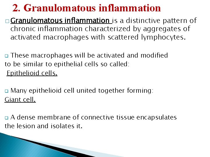 2. Granulomatous inflammation � Granulomatous inflammation is a distinctive pattern of chronic inflammation characterized 2. Granulomatous inflammation � Granulomatous inflammation is a distinctive pattern of chronic inflammation characterized