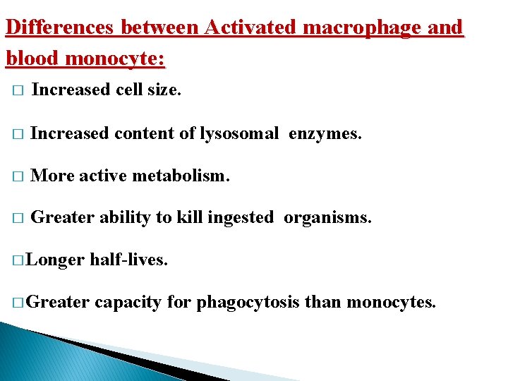 Differences between Activated macrophage and blood monocyte: � Increased cell size. � Increased content Differences between Activated macrophage and blood monocyte: � Increased cell size. � Increased content