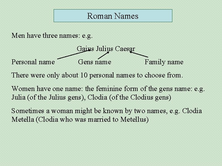 Roman Names Men have three names: e. g. Gaius Julius Caesar Personal name Gens
