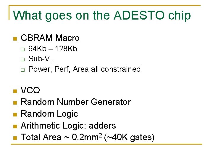 What goes on the ADESTO chip n CBRAM Macro q q q n n