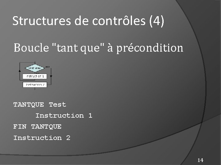 Structures de contrôles (4) Boucle "tant que" à précondition TANTQUE Test Instruction 1 FIN