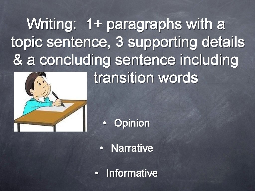 Writing: 1+ paragraphs with a topic sentence, 3 supporting details & a concluding sentence