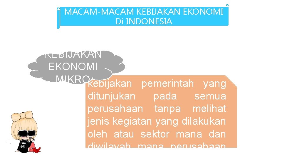 MACAM-MACAM KEBIJAKAN EKONOMI Di INDONESIA KEBIJAKAN EKONOMI Kebijakan mikro adalah MIKROkebijakan pemerintah yang ditunjukan