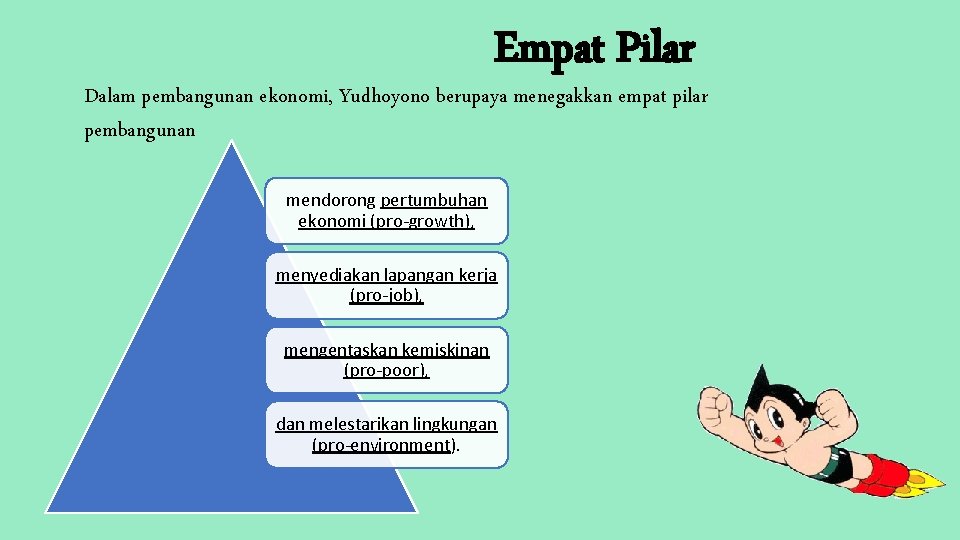 Empat Pilar Dalam pembangunan ekonomi, Yudhoyono berupaya menegakkan empat pilar pembangunan mendorong pertumbuhan ekonomi