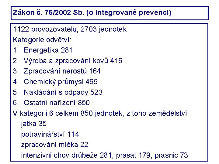 Zákon č. 76/2002 Sb. (o integrované prevenci) 1122 provozovatelů, 2703 jednotek Kategorie odvětví: 1.