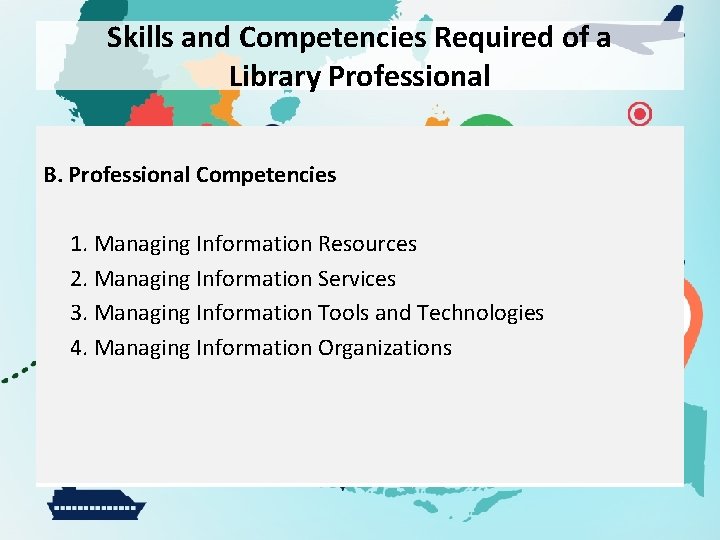 Skills and Competencies Required of a Library Professional B. Professional Competencies 1. Managing Information