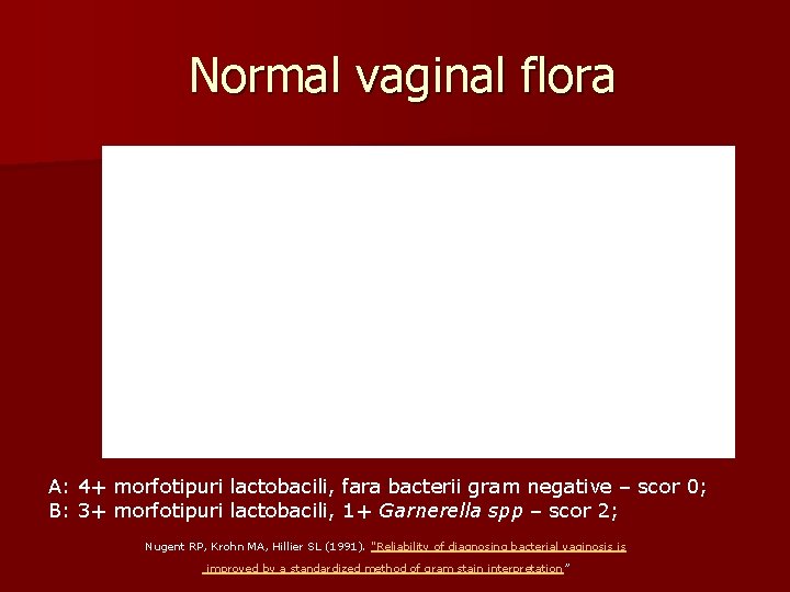 Normal vaginal flora A: 4+ morfotipuri lactobacili, fara bacterii gram negative – scor 0;