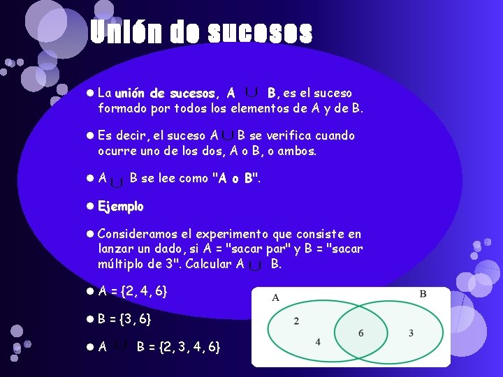 Unión de sucesos La unión de sucesos, A B, es el suceso formado por