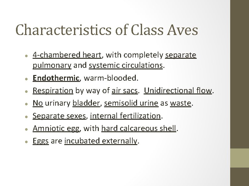 Characteristics of Class Aves 4 -chambered heart, with completely separate pulmonary and systemic circulations.